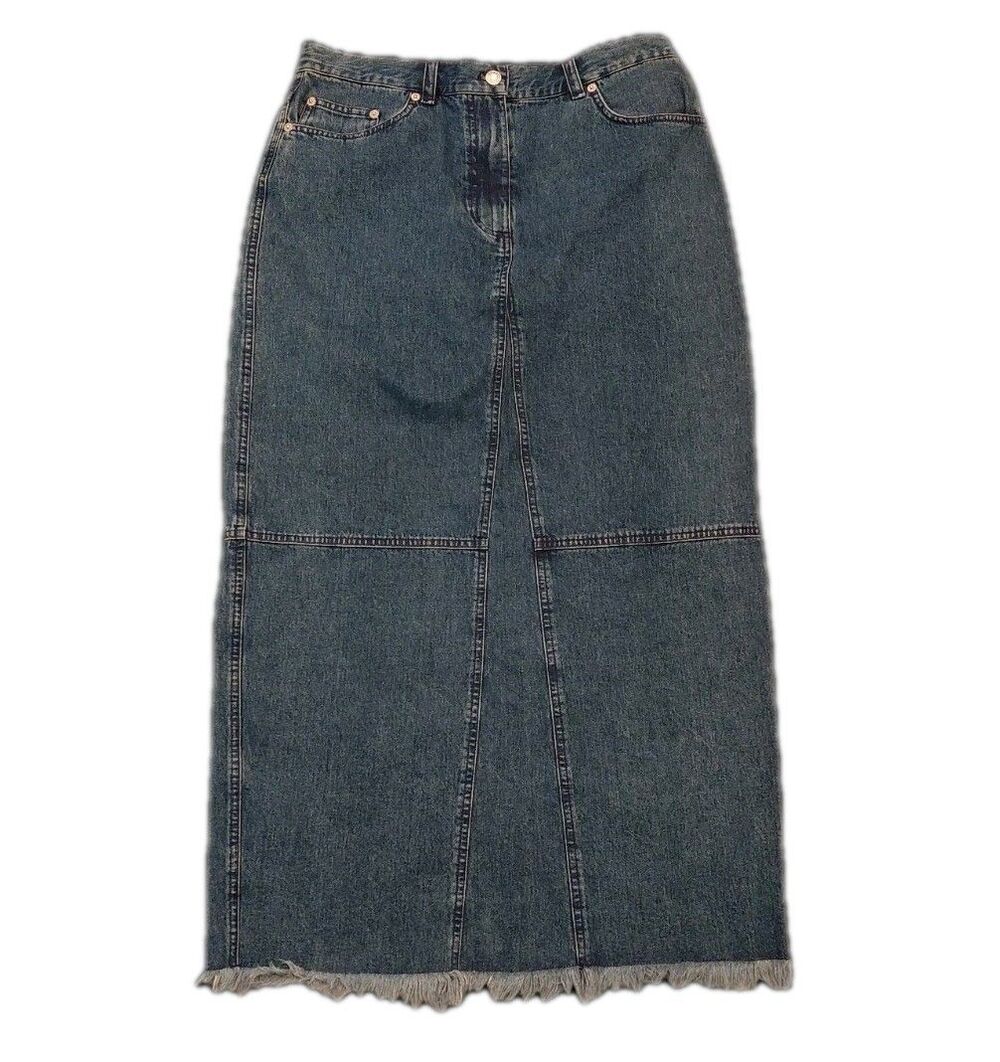 RALPH LAUREN JEANS Maxi Jean Skirt Sz 12 Blue Denim Fringe Hem Slit Y2K 90S